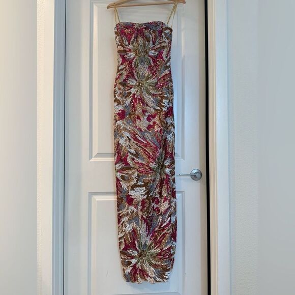 NWOT BRONX AND BANIC Dahlia Fuchsia Multi Maxi Strapless Dress - Picture 9 of 14
